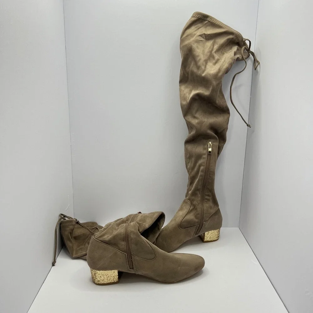 Catherine Malandrino Taupe Over the Knee Boots Women‎ Size 9 Gold Glitter Glitzy